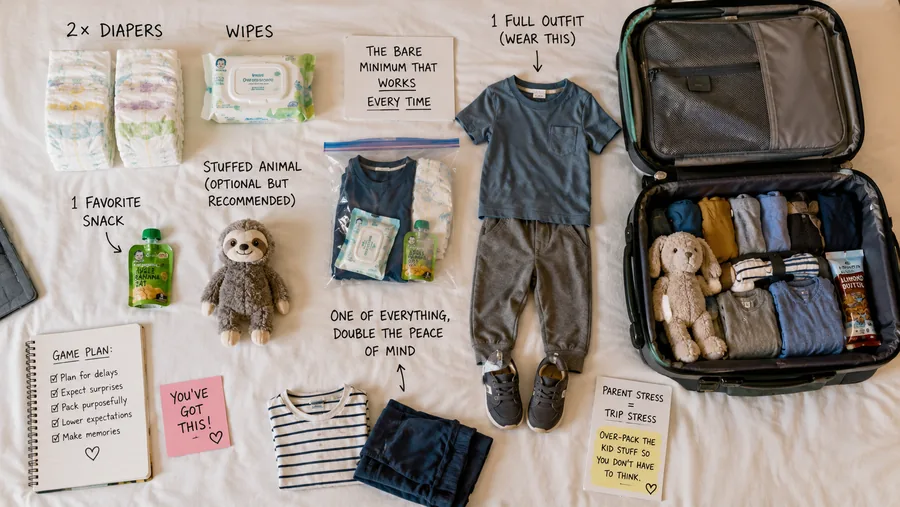 Traveling with kids: pack 2× diapers, wipes, and a full extra outfit in your carry-on